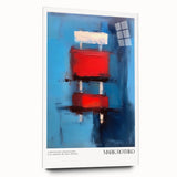 Large abstract wall art in blue and orange tones on acrylic glass, suitable for modern bedroom or dining room decor.