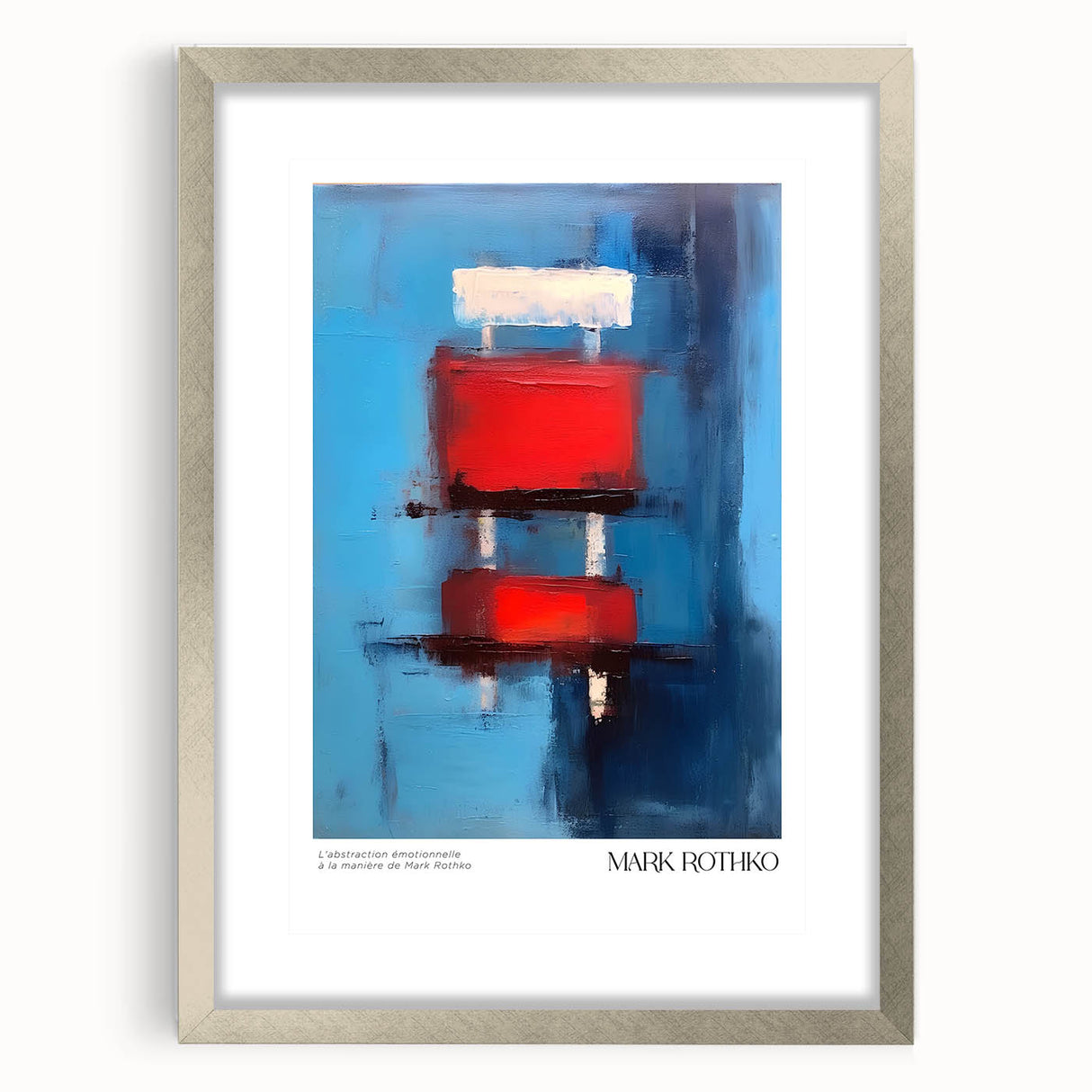 Textured abstract art print in red and orange hues on a framed canvas, ideal for modern bedroom ambiance.
