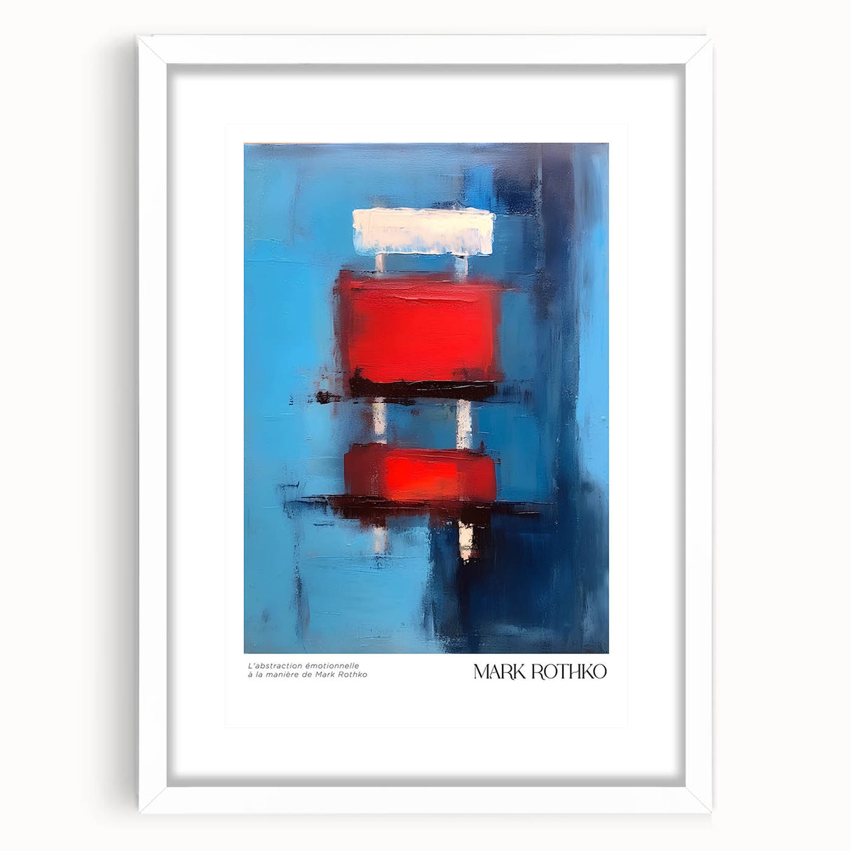 Abstract art print featuring Rothko-inspired blocks of deep red and blue on a white framed canvas.