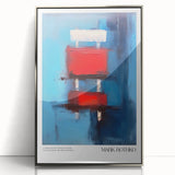 Mid-century modernist art featuring an abstract design in vibrant red and blue tones on a framed acrylic.