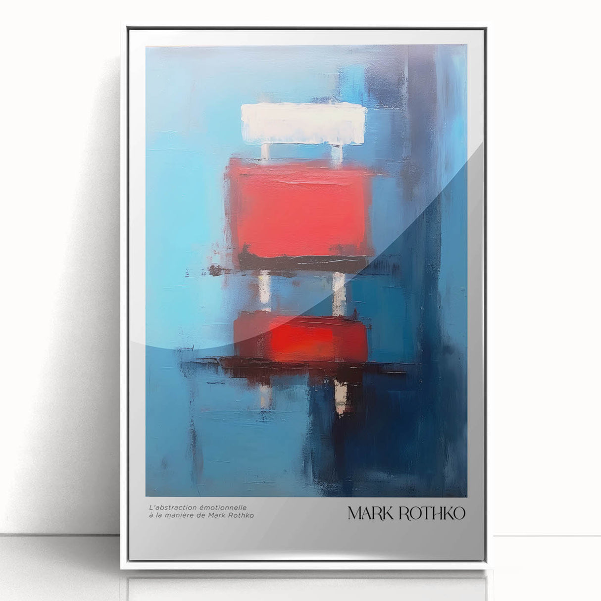 Modern art wall decor featuring a Rothko-inspired acrylic print with broad red and blue blocks, framed in white.
