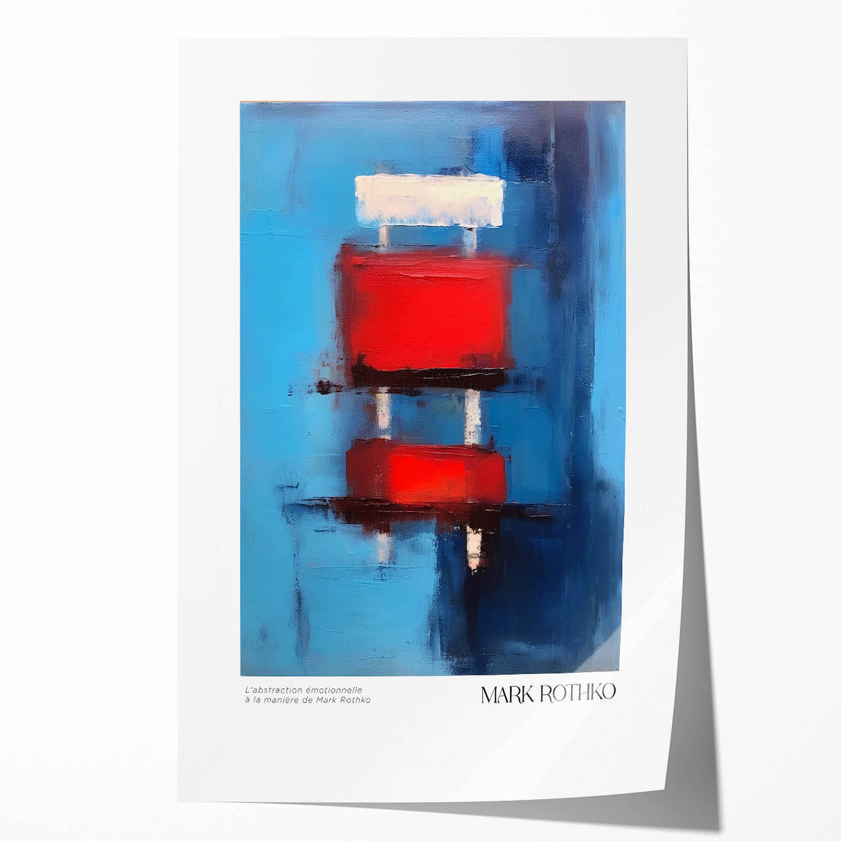 Rolled print of a Mark Rothko-inspired abstract design in soft red and orange tones, suitable for dining room wall art.