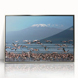Acrylic print of a serene Kenyan landscape in muted earth tones, framed in silver, suitable for modern art wall decor.