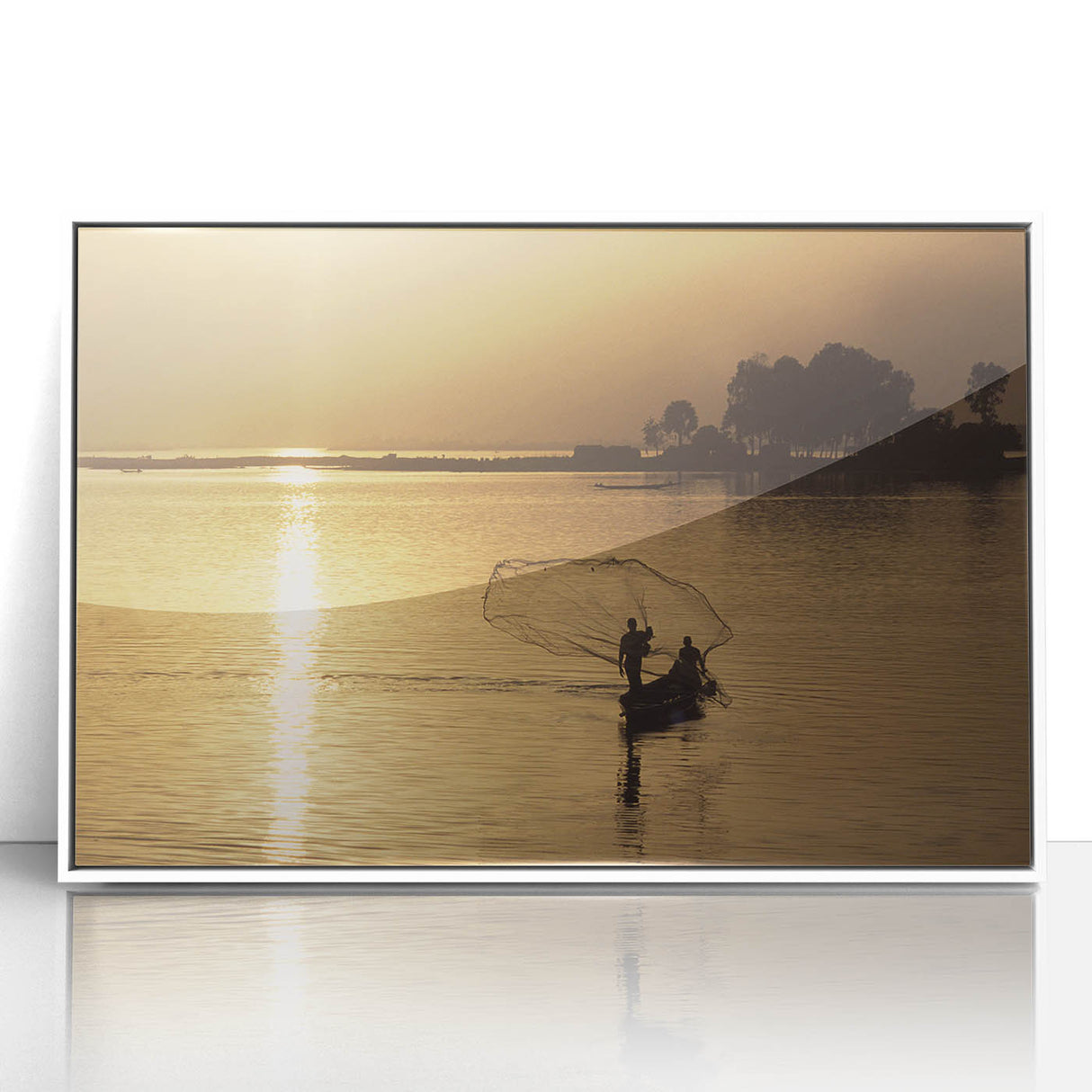 Large art print of a Mali scenery in mid-century modernist style, framed in white acrylic, ideal for modern art wall decor.