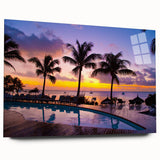 Large abstract wall art of a Mauritian landscape in vibrant blues and greens on acrylic glass.