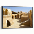 Black and white landscape art painting of Moroccan scenery on framed canvas, ideal for bedroom wall decor.
