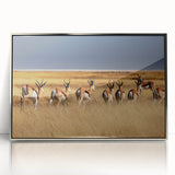 Mid-century modernist art depicting the Namibian desert, in muted earth tones on a framed acrylic print.