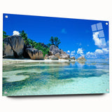 Acrylic print of a Seychelles landscape, with vibrant blue and green tones, ideal for dining room decor.