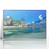 Mid-century modernist art depicting Seychelles scenery in muted blue and green tones on a framed acrylic.