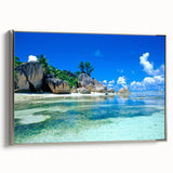 Framed canvas depicting a vintage-style Seychelles landscape with vibrant tropical colors.
