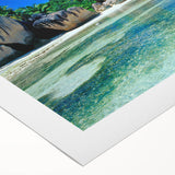 Art deco poster of Seychelles scenery on rolled canvas, featuring vivid ocean blues and greens.