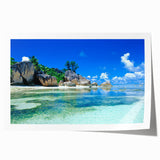Extra large rolled print of Seychelles scenery with lush florals and ocean views, ideal for art wall dining room.