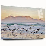 Large abstract wall art depicting an African scenery in muted earth tones on acrylic glass.