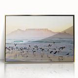 Large art print of a South African scenery in gold tones on acrylic, framed, in a mid-century modernist style.