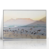 Acrylic print of a South African landscape in muted earth tones, framed in white, ideal for modern nursery wall art.