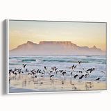 Vintage poster art of a South African landscape on framed canvas, featuring vibrant colorful art with a white border.