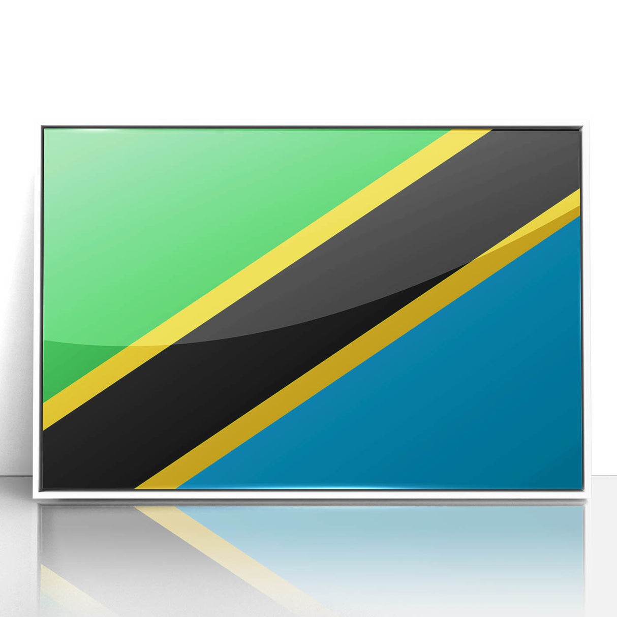 Acrylic print of a Tanzanian landscape with muted earth tones, framed in white, suitable for modern art wall decor.