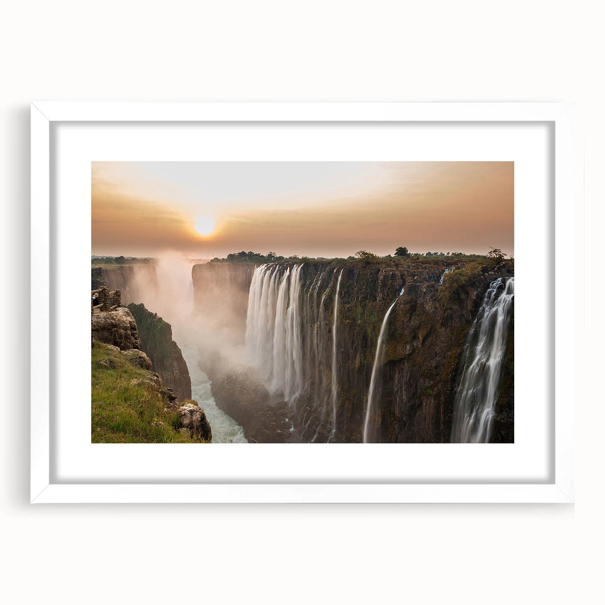 Abstract art print of African scenery in muted earth tones on a framed white mat, suitable for dining room or bedroom.