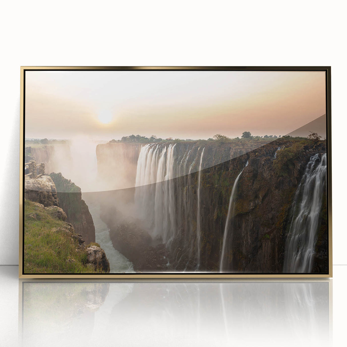 Framed acrylic print of a Zambian landscape, featuring golden tones and mid-century modernist style.