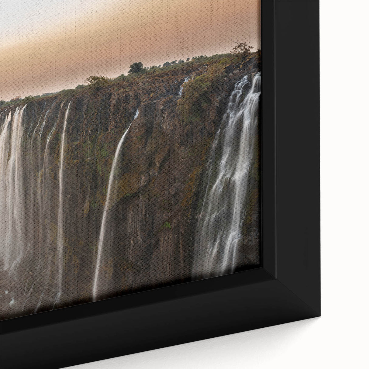 Extra large framed canvas of an African scenery with textured, colorful art on black background, ideal for living room decor.