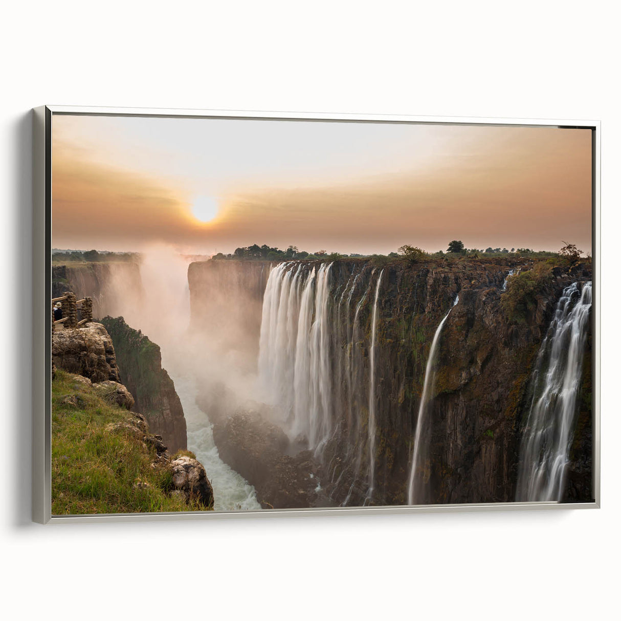 Framed canvas featuring a vintage-style landscape painting of Zambia with vibrant colorful art and black accents.