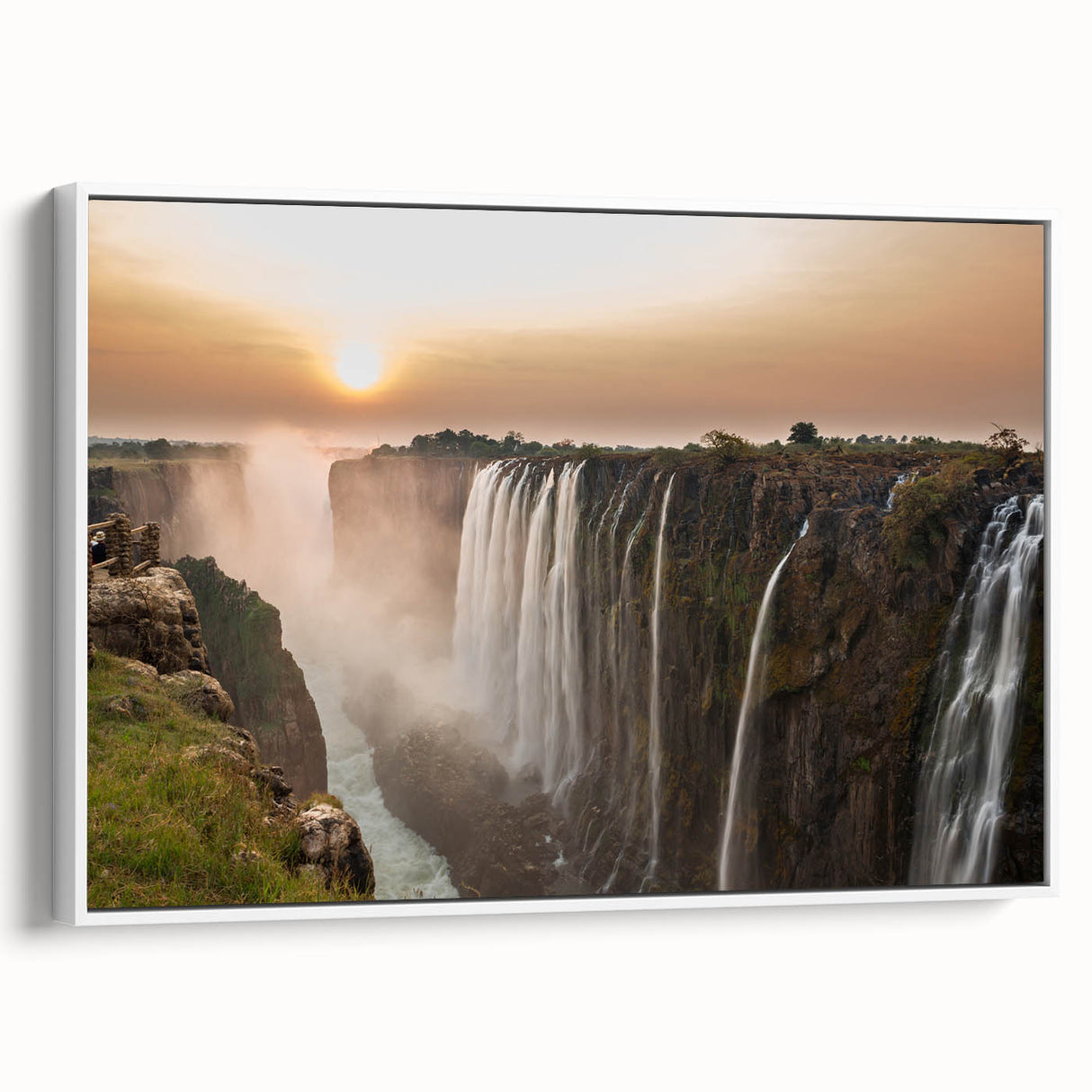 Vintage poster art of a Zambian landscape on framed canvas, featuring vibrant colors, ideal for living room decor.