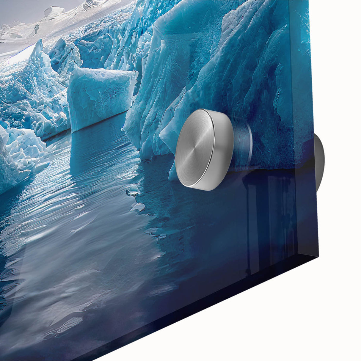 Antarctic landscape on large acrylic glass, featuring muted blue and white tones.