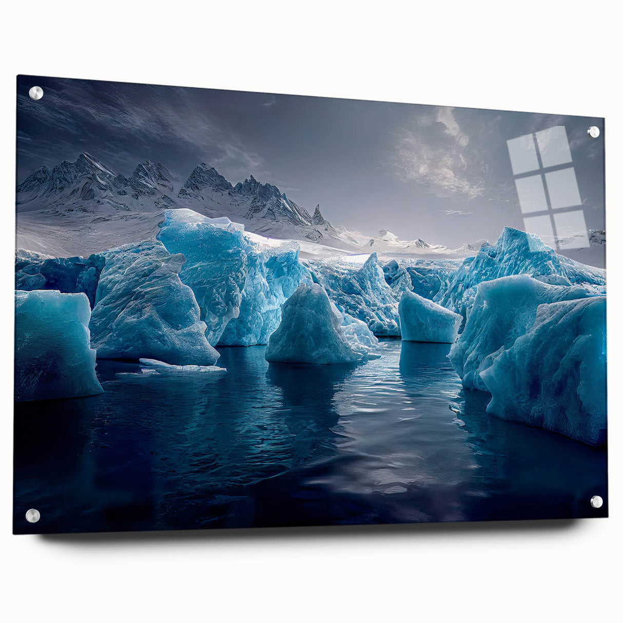 Acrylic print of an Antarctic landscape in muted blue and white tones, ideal for bedroom or dining room decor.