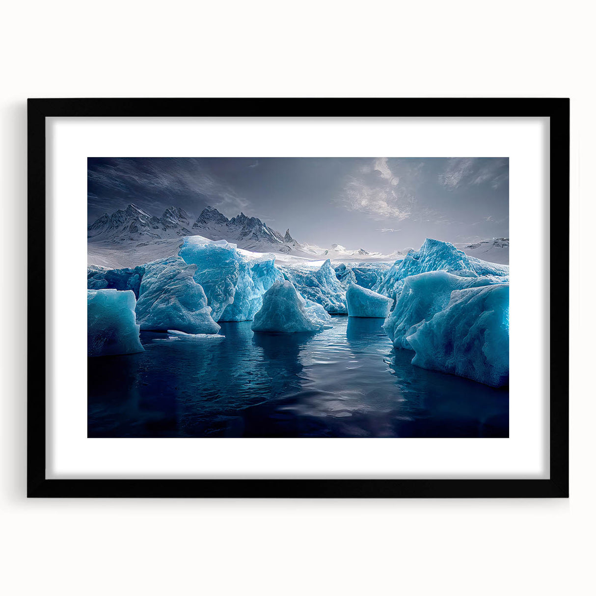 Extra large abstract art print of colorful Antarctic scenery in a black frame with mat, ideal for living room decor.