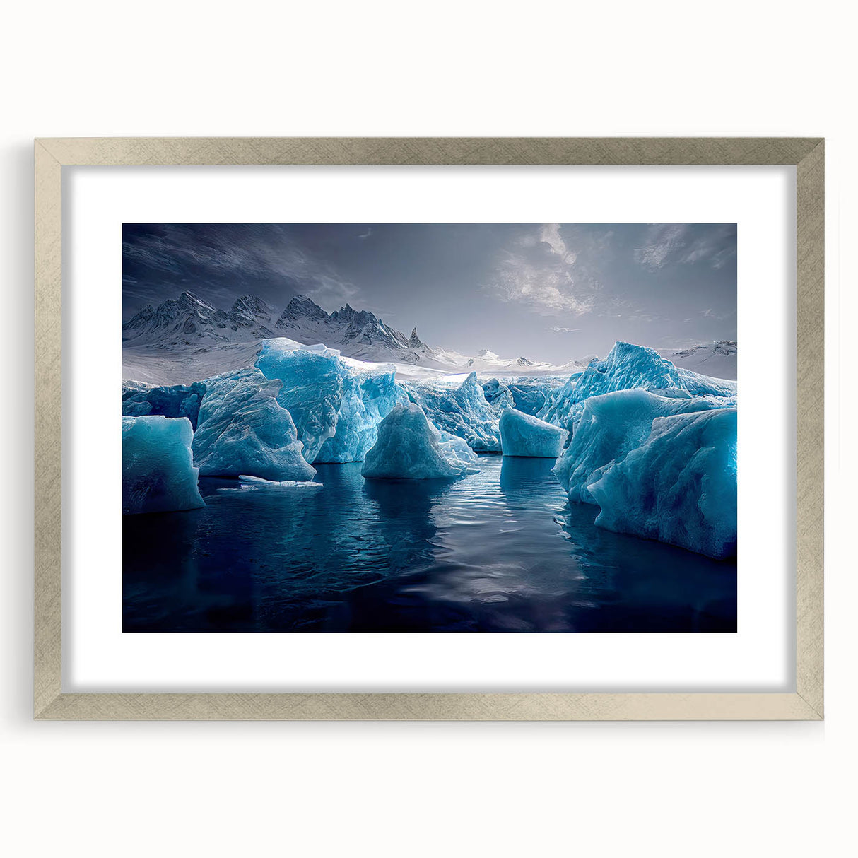 Textured abstract art print of an Antarctic landscape in muted gray and blue tones, framed with a silver mat.