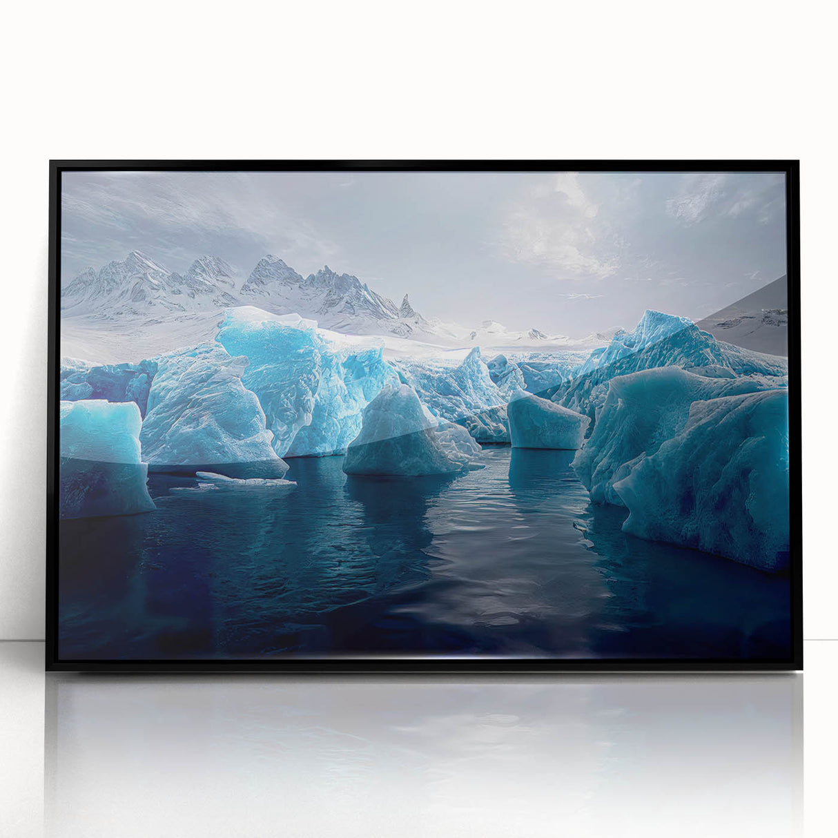 Large abstract wall art depicting an Antarctic landscape in muted gray and blue tones, framed in black acrylic.