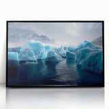 Large abstract wall art depicting an Antarctic landscape in muted gray and blue tones, framed in black acrylic.