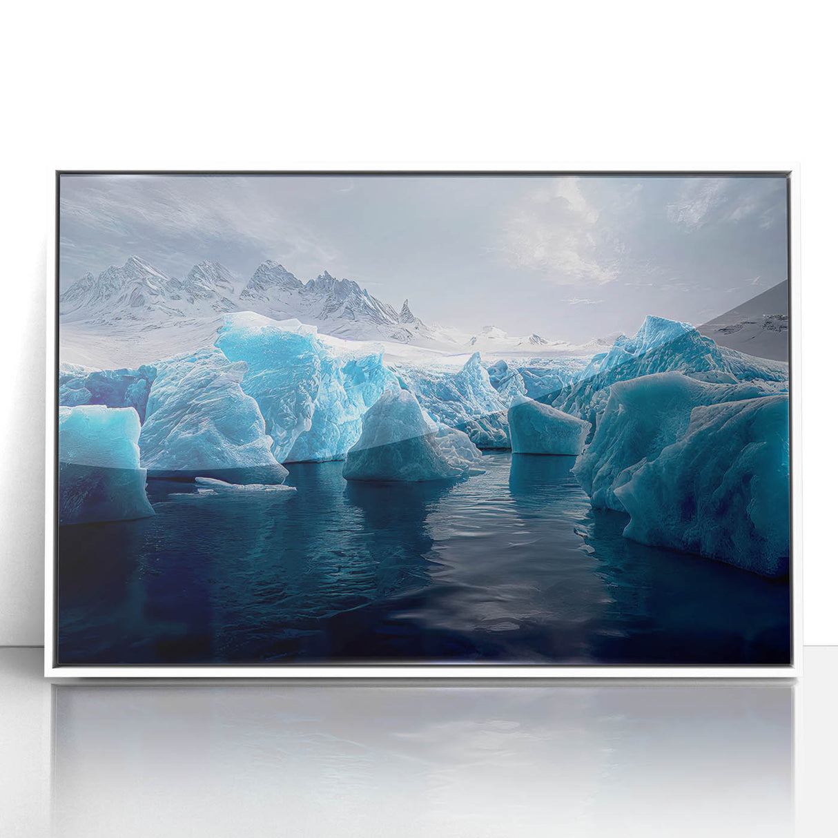 Framed acrylic print of an Antarctic landscape in muted blue and white tones, suitable for modern art wall decor.