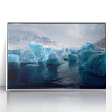 Framed acrylic print of an Antarctic landscape in muted blue and white tones, suitable for modern art wall decor.