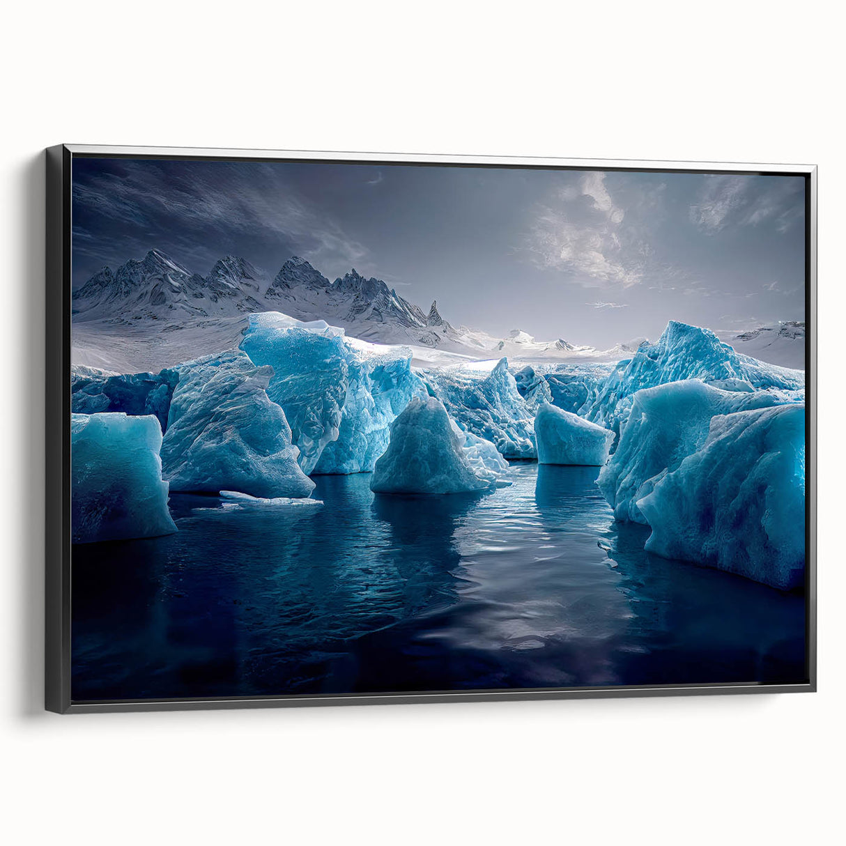 Black and white wall art featuring a vintage poster-style landscape of Antarctica on a framed canvas.