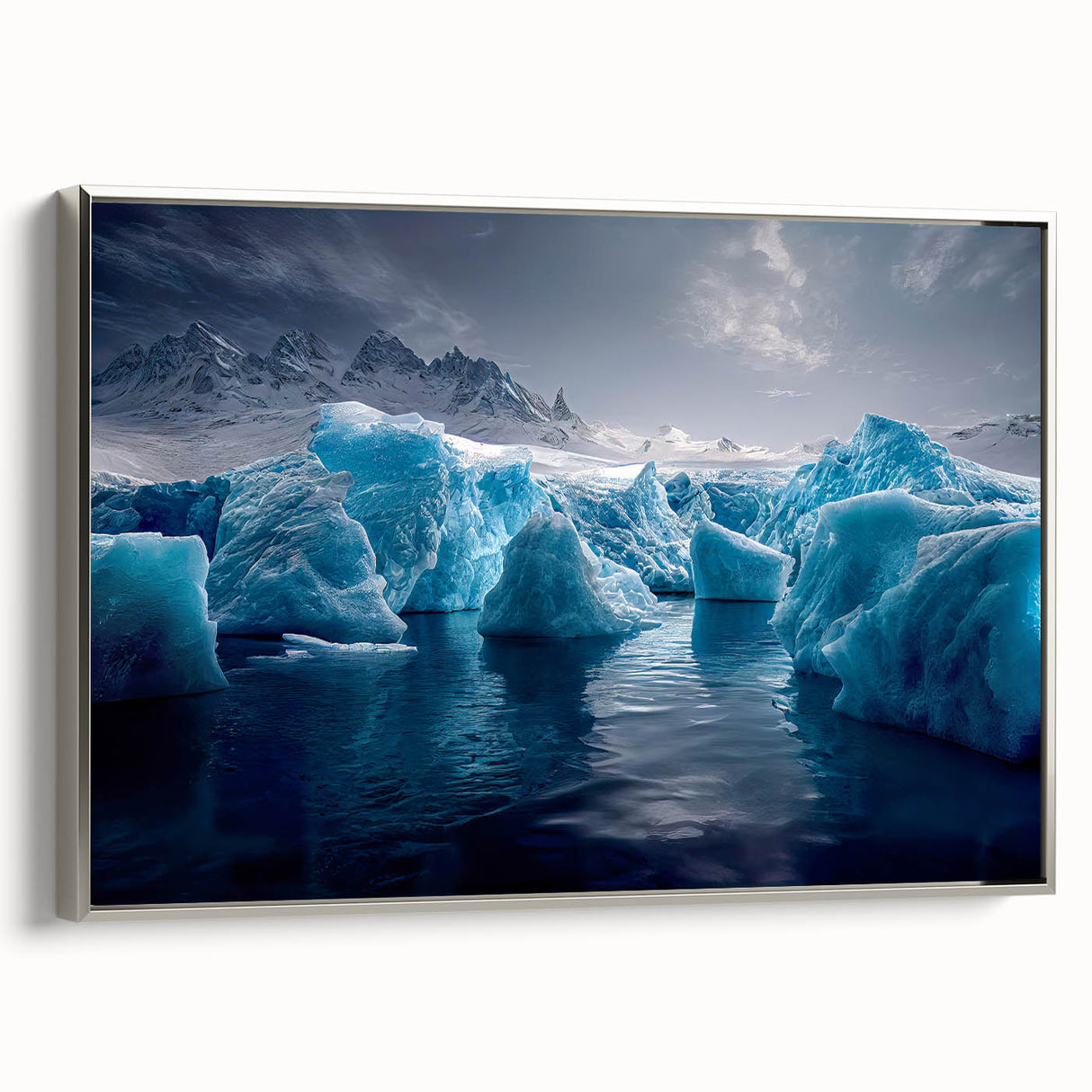 Framed canvas landscape art painting depicting a serene Antarctic scenery in muted gray and icy blue tones.