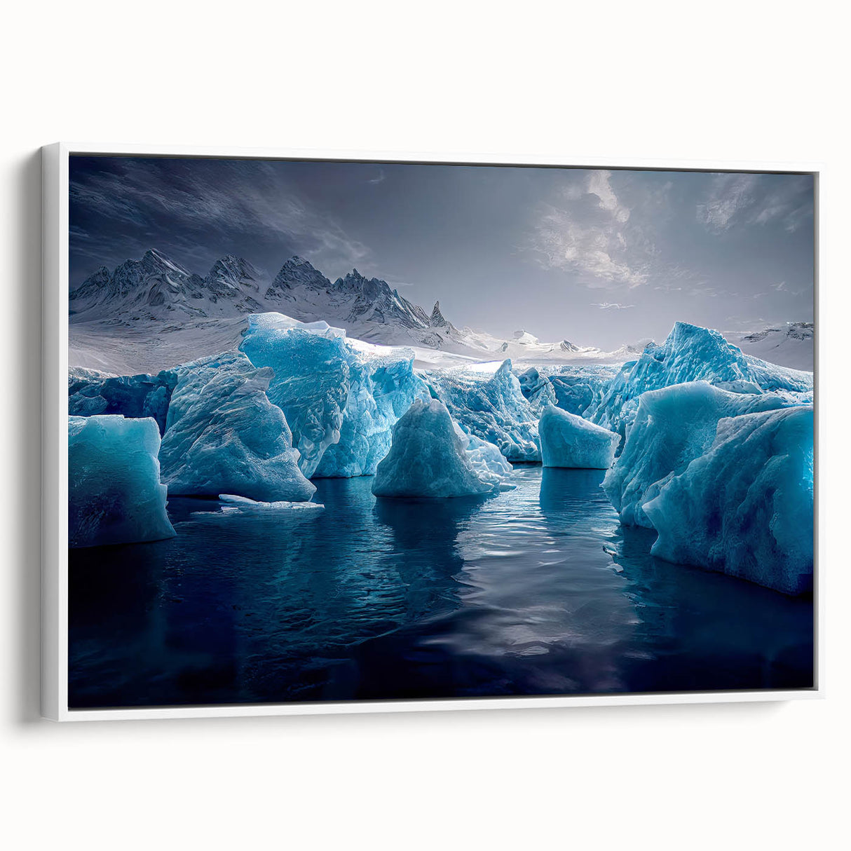 Vintage poster art of Antarctica scenery on framed canvas, featuring a palette of cool blues and whites.