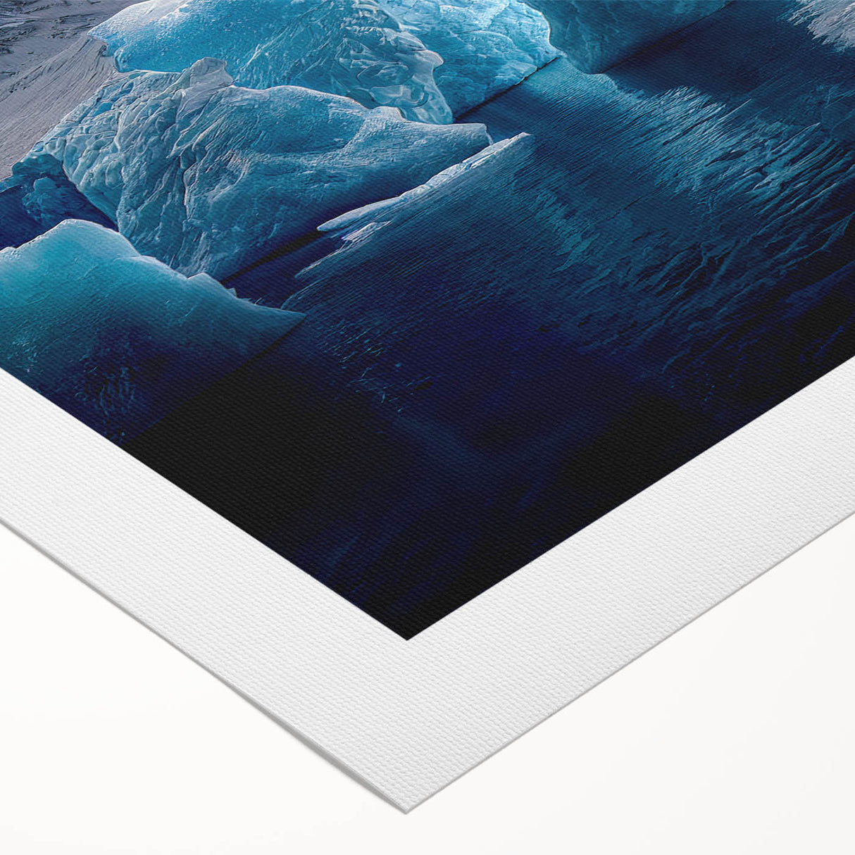 Art deco poster of Antarctic scenery with muted blue and white tones on rolled canvas, suitable for dining room wall art.