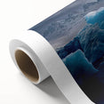 Art Deco poster of an Antarctic landscape on rolled canvas, featuring muted blue and white tones, ideal for nursery wall art.