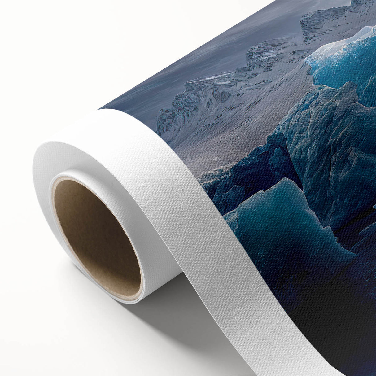 Art Deco poster of an Antarctic landscape on rolled canvas, featuring muted blue and white tones, ideal for nursery wall art.