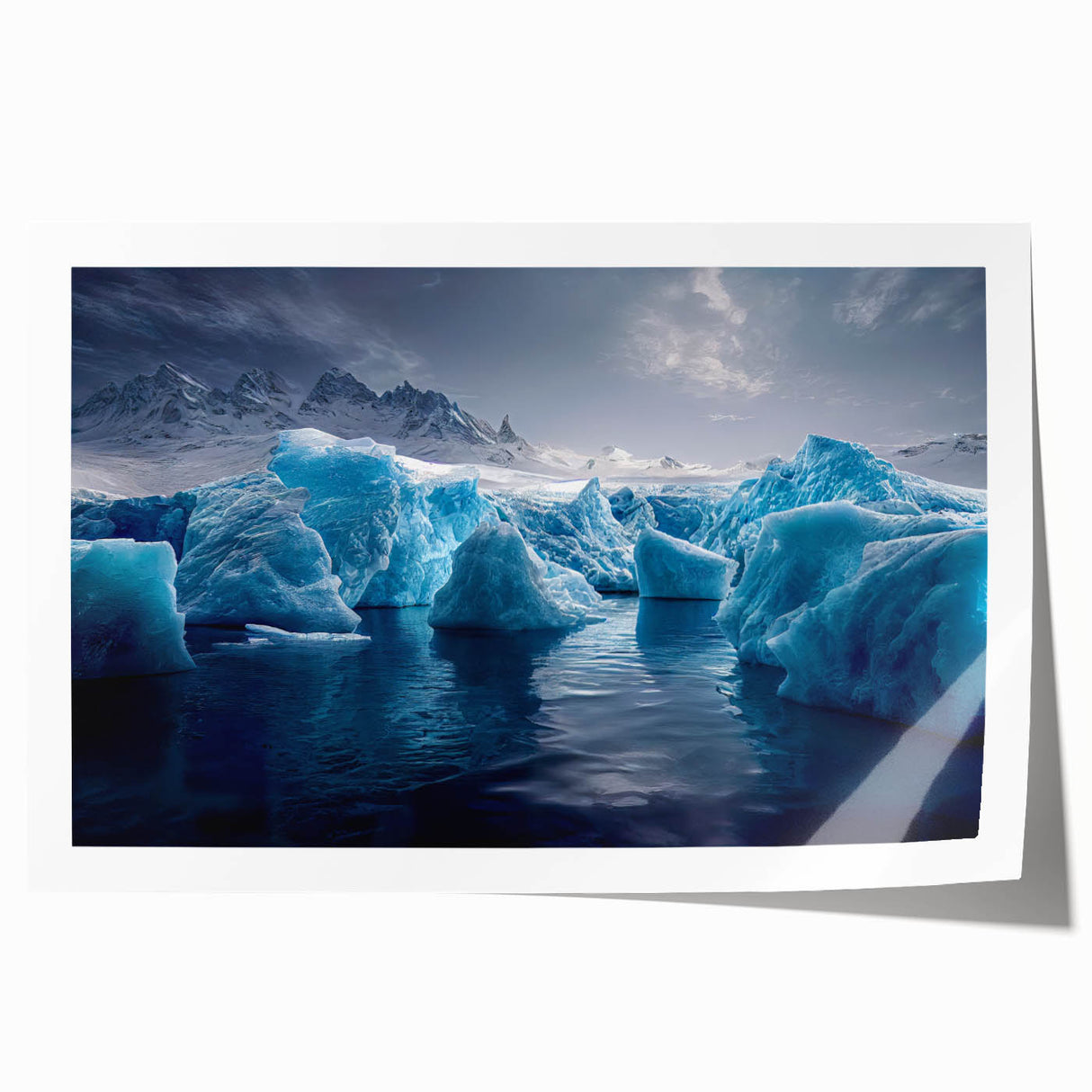 Antarctic landscape with muted blue and white tones on a rolled canvas, suitable for dining room or bathroom wall art.