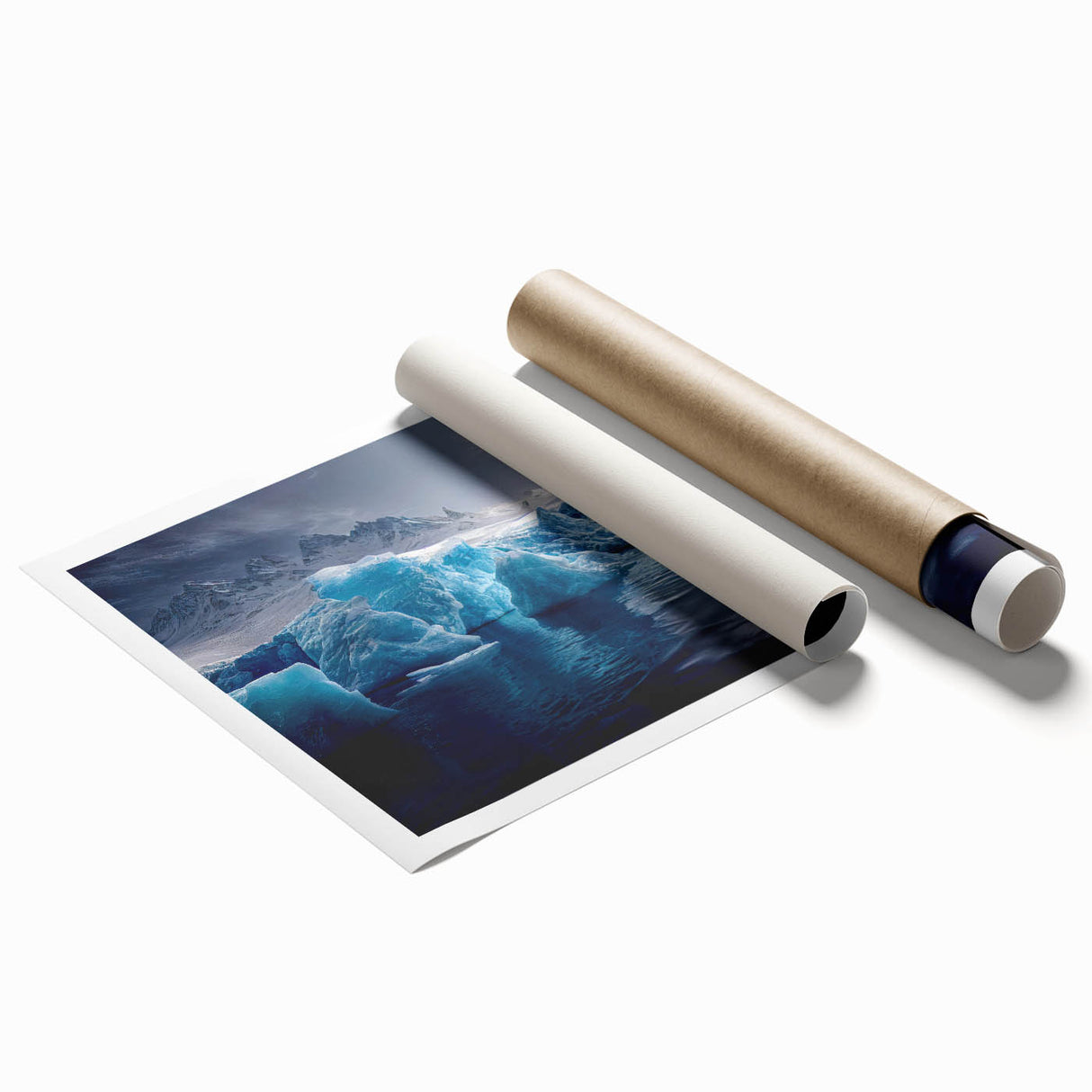 Antarctic landscape on rolled print with soft blue and white tones, ideal for classy bathroom wall art.