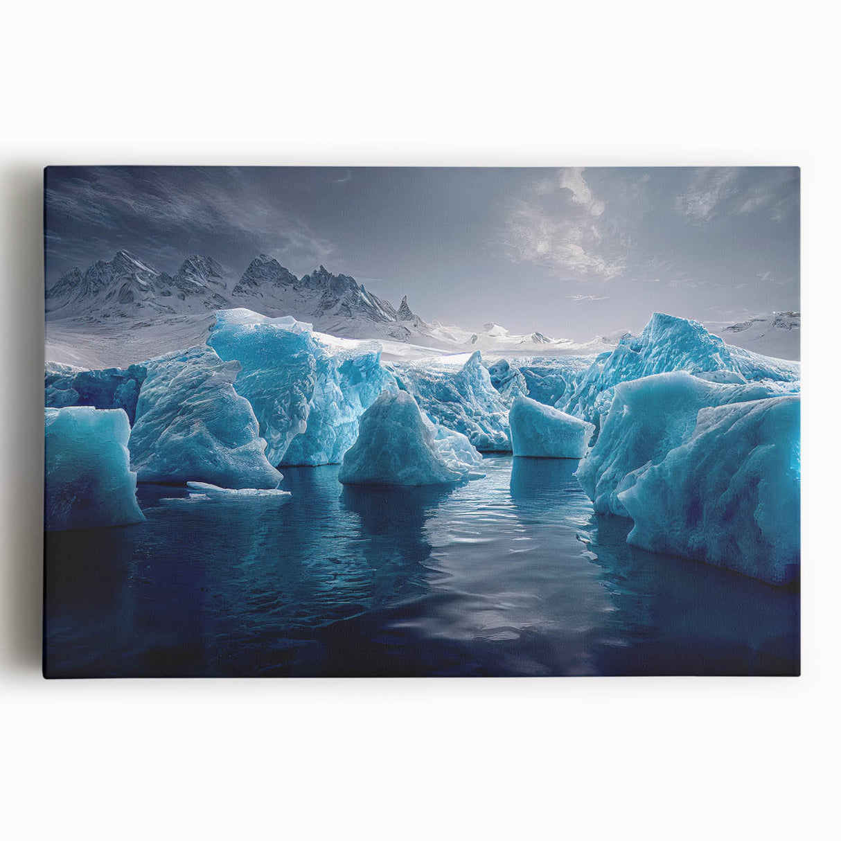 Black and white photograph of an Antarctic landscape on a large stretched canvas, suitable for kitchen art.