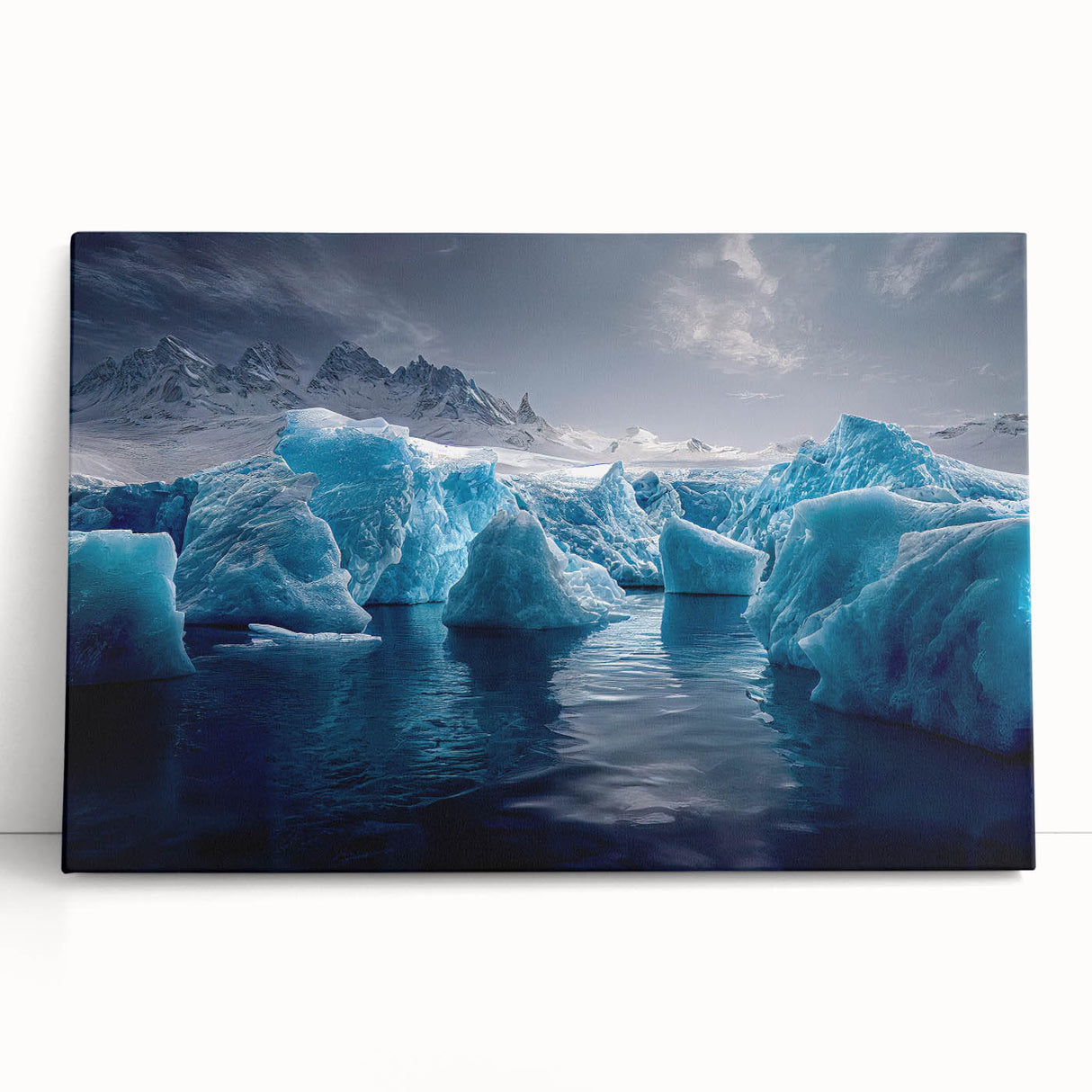 A black and white photograph of an Antarctic landscape on a large stretched canvas.