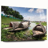 Large abstract wall art featuring a serene Bangladesh landscape in soft green and blue tones on acrylic glass.