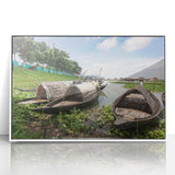 Framed acrylic print of a serene Bangladesh river scene in soft pastel shades, ideal for modern nursery wall art.
