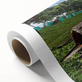 Art deco poster of a serene Bangladesh landscape in soft green and blue tones on rolled canvas, ideal for nursery wall art.