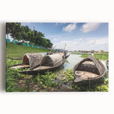 Black and white stretched canvas of a bustling market scene in Bangladesh, suitable as large kitchen wall art.