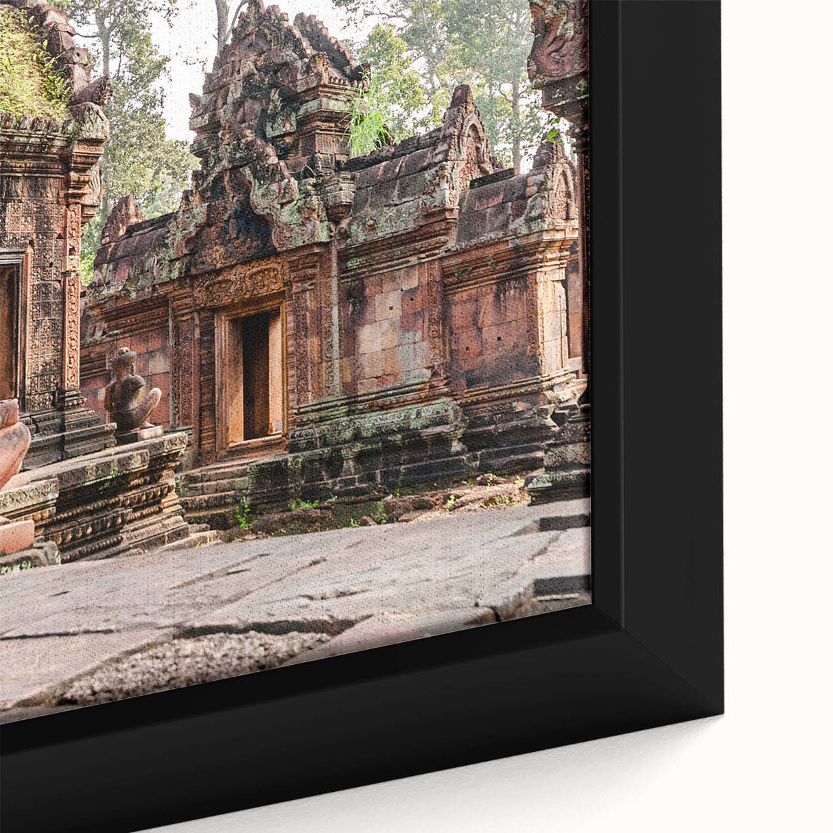 Framed canvas of a textured Cambodian landscape in black with colorful accents, ideal for living room decor.