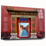 Acrylic print of Beijing skyline with muted earth tones, ideal for dining room decor.